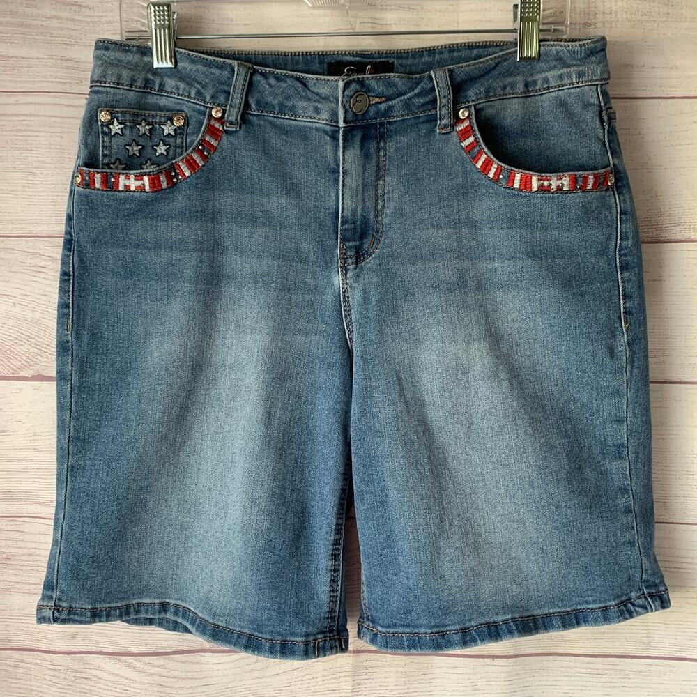 Earl Jeans Bermuda Denim Jean Shorts Patriotic Flag Embellishments Size 12